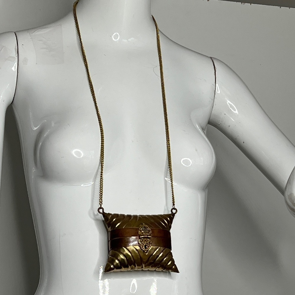 Brass and Copper Vintage Pillow Purse Necklace on a Chain
